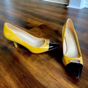 Coach Zan Creamy Yellow Black Two Tone Patent Leather Pointed Toe Heels Pumps
